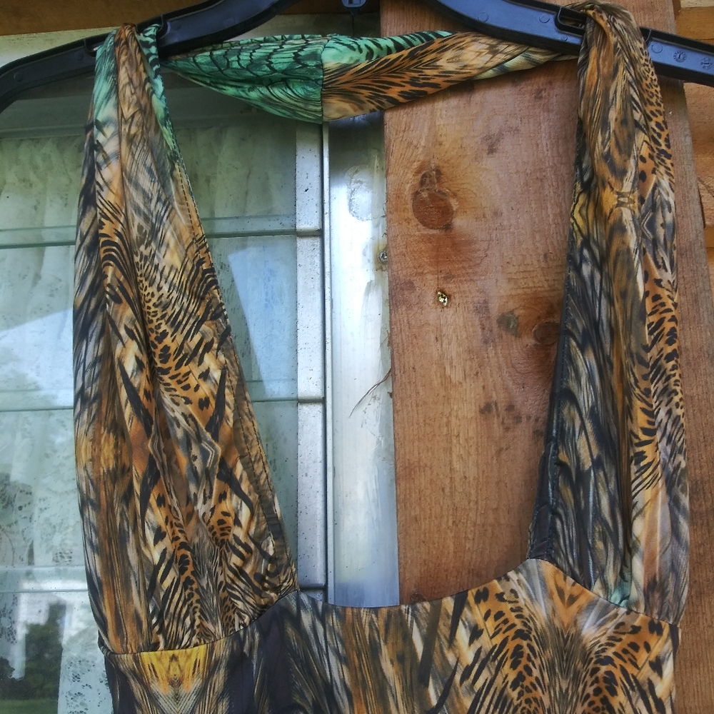 NWT- MULTI TIGER PRINT CROSS OVER HALTERNECK MAXI DRESS/COVER UP - Picture 2 of 16